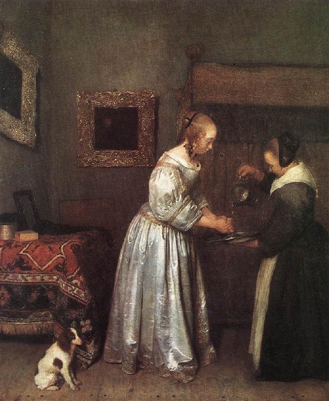 TERBORCH, Gerard Woman Washing Hands st Germany oil painting art